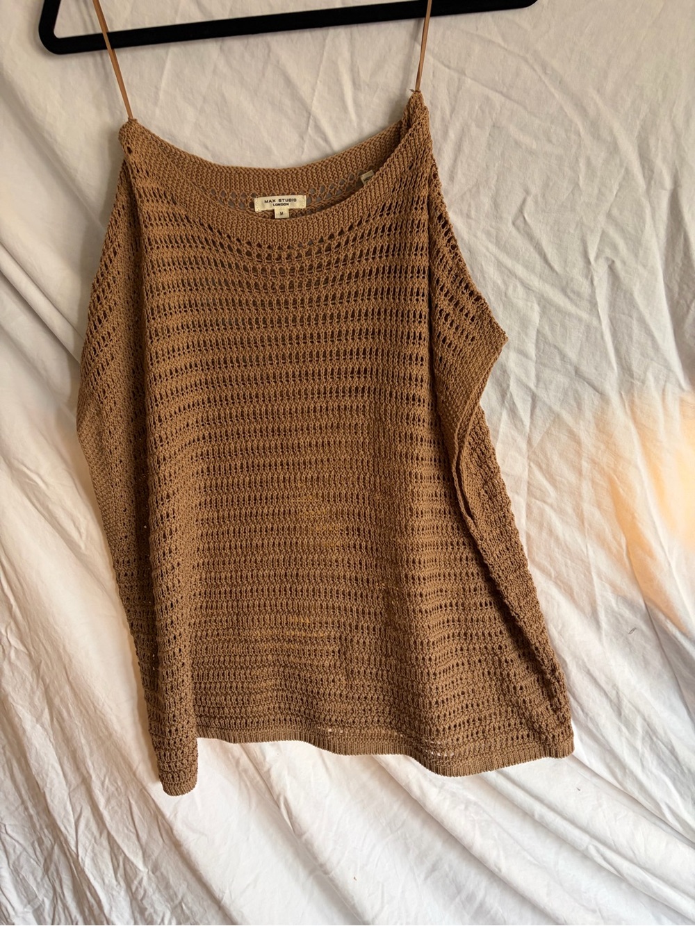 Max Studio Open-Knit Crochet Tank in Camel